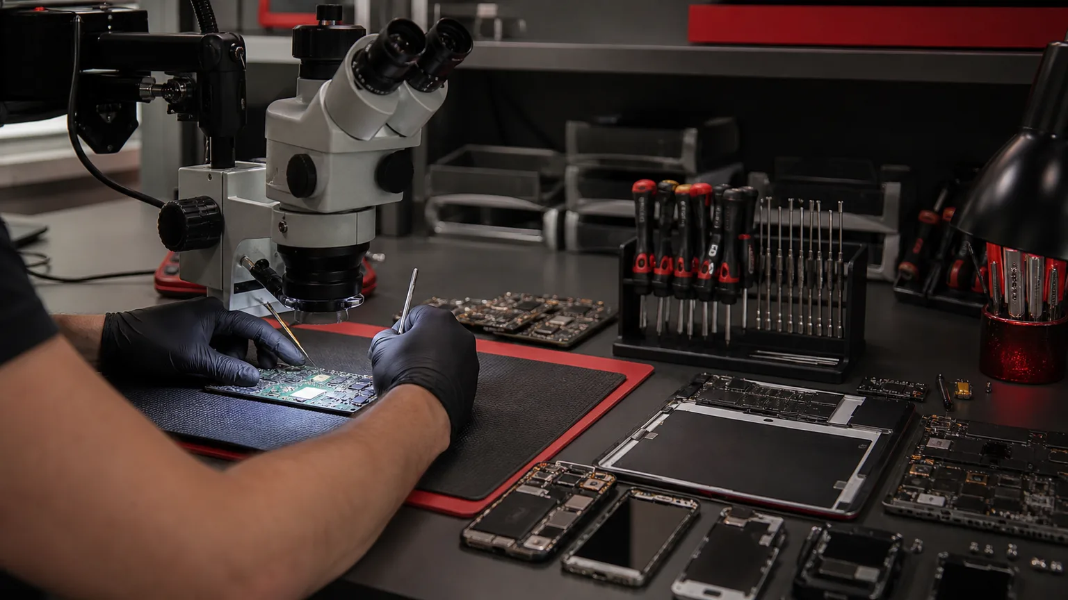 Precision electronics inspection at an organized repair workbench